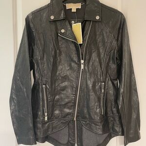 Michael Kors Black Vegan Leather Jacket with Metallic Details